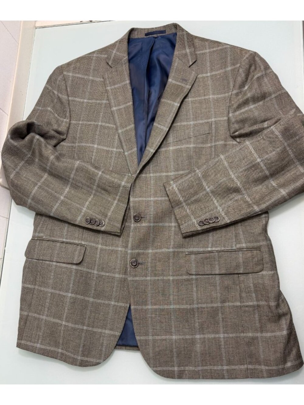 Jos A Bank 1905 Blazer Jacket 44R Slim Fit Linen Wool Olive Windowpane Sportcoat